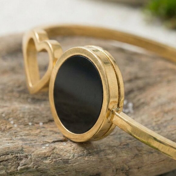 18K Gold Plated Stainless Steel Bangle Bracelet Heart Black Charm Minimalist - Picture 12 of 17